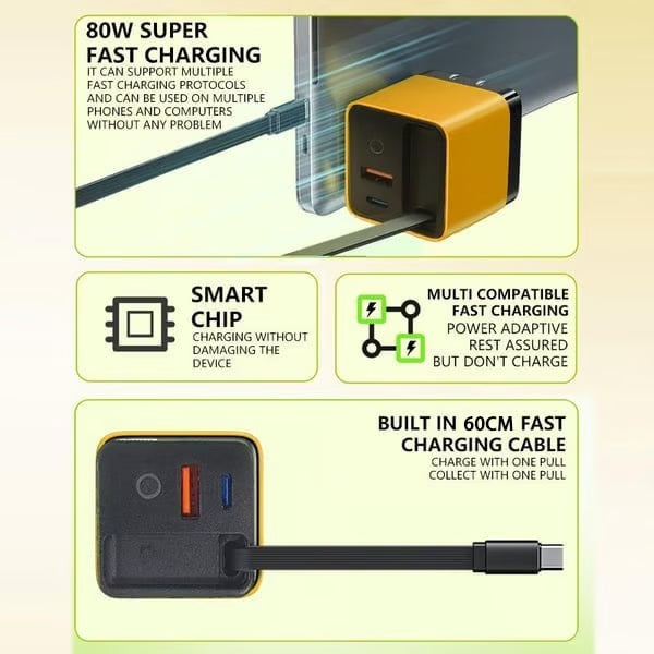 Compact 3-Port GaN Fast Charger with Built-In Retractable Cable