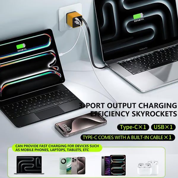 Compact 3-Port GaN Fast Charger with Built-In Retractable Cable