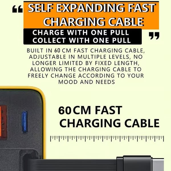 Compact 3-Port GaN Fast Charger with Built-In Retractable Cable