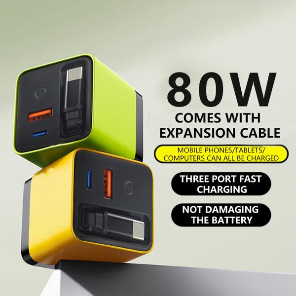Compact 3-Port GaN Fast Charger with Built-In Retractable Cable