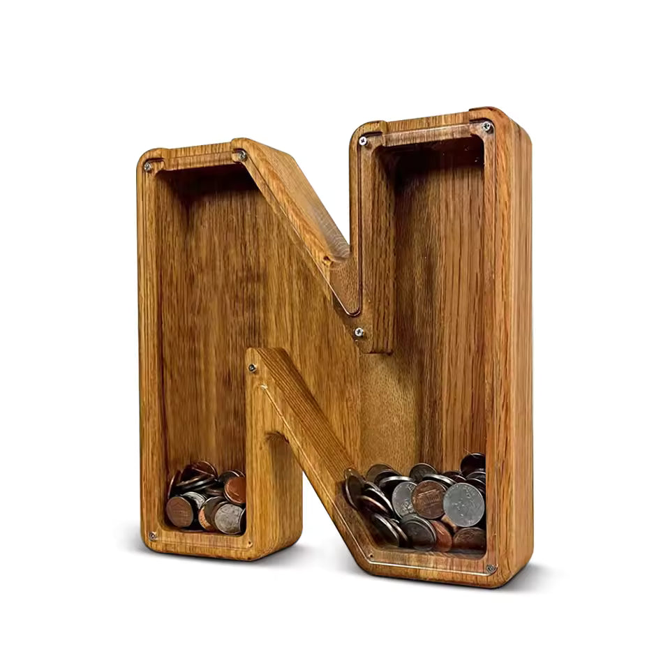 AlphabetCraft™ Wooden Letter Piggy Bank – Kids ABC Money Saving Box