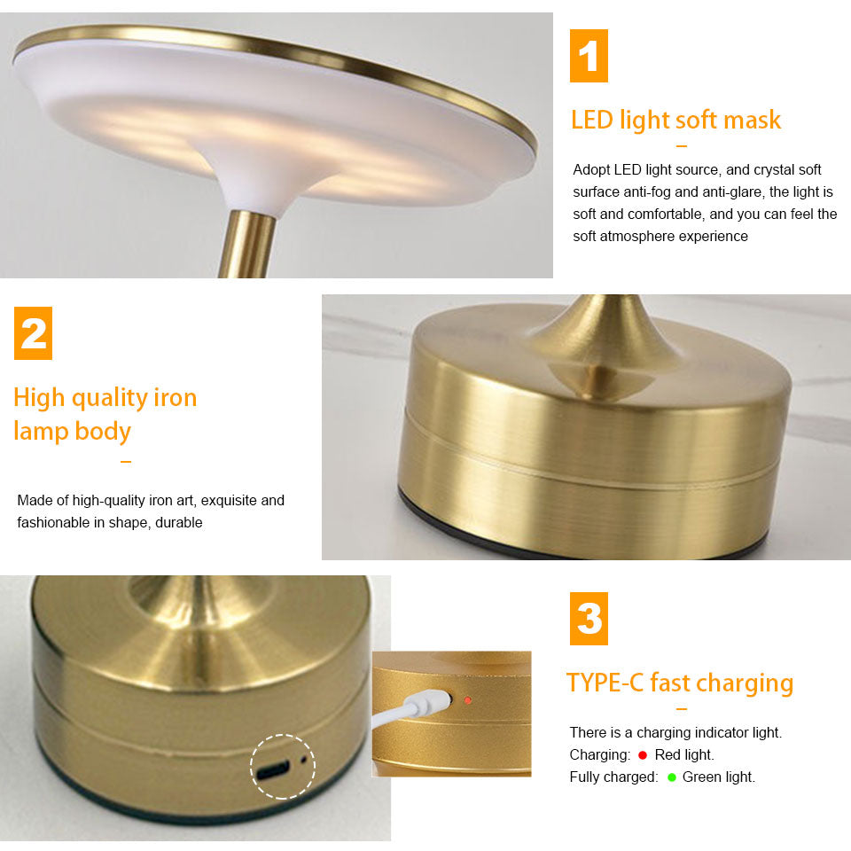 Luxury Touch Control LED Table Lamp – USB Rechargeable Metal Bedside Light