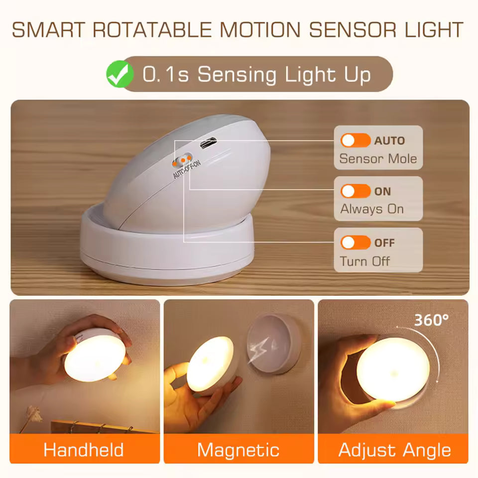 360° Rotating PIR Motion Sensor LED Light – Rechargeable Wireless Wall Lamp