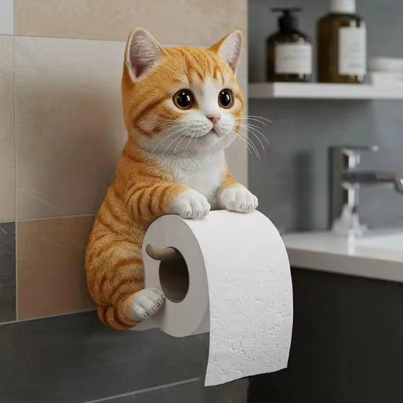 Cute Cat Toilet Paper Holder | Wall-Mounted Cat Roll Dispenser Bathroom Decor