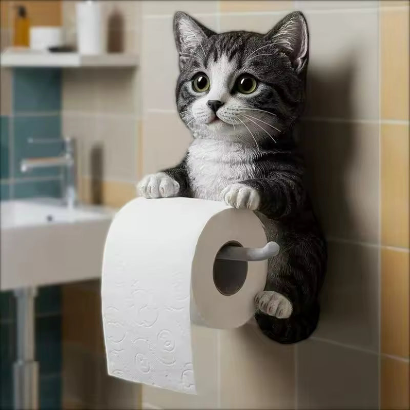 Cute Cat Toilet Paper Holder | Wall-Mounted Cat Roll Dispenser Bathroom Decor