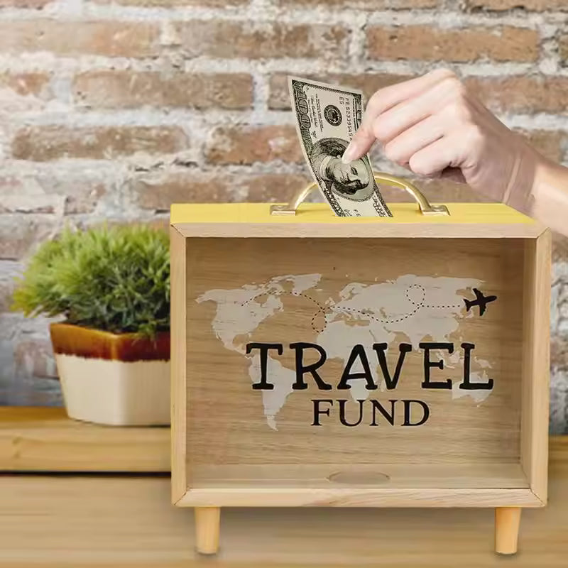 TravelFund™ Wooden Suitcase Money Saving Jar – Vacation Piggy Bank
