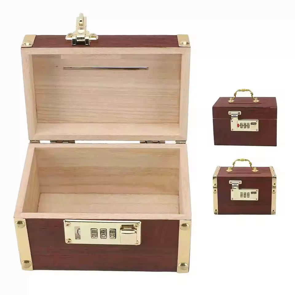 VintageLock™ Wooden Piggy Bank with Code Lock – Retro Treasure Money Box