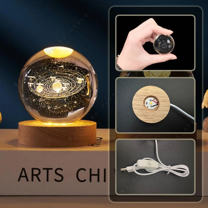 3D Crystal Ball Night Light LED Galaxy Lamp with Wooden Base USB Powered 5cm