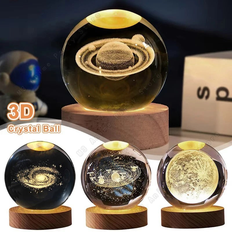 3D Crystal Ball Night Light LED Galaxy Lamp with Wooden Base USB Powered 5cm